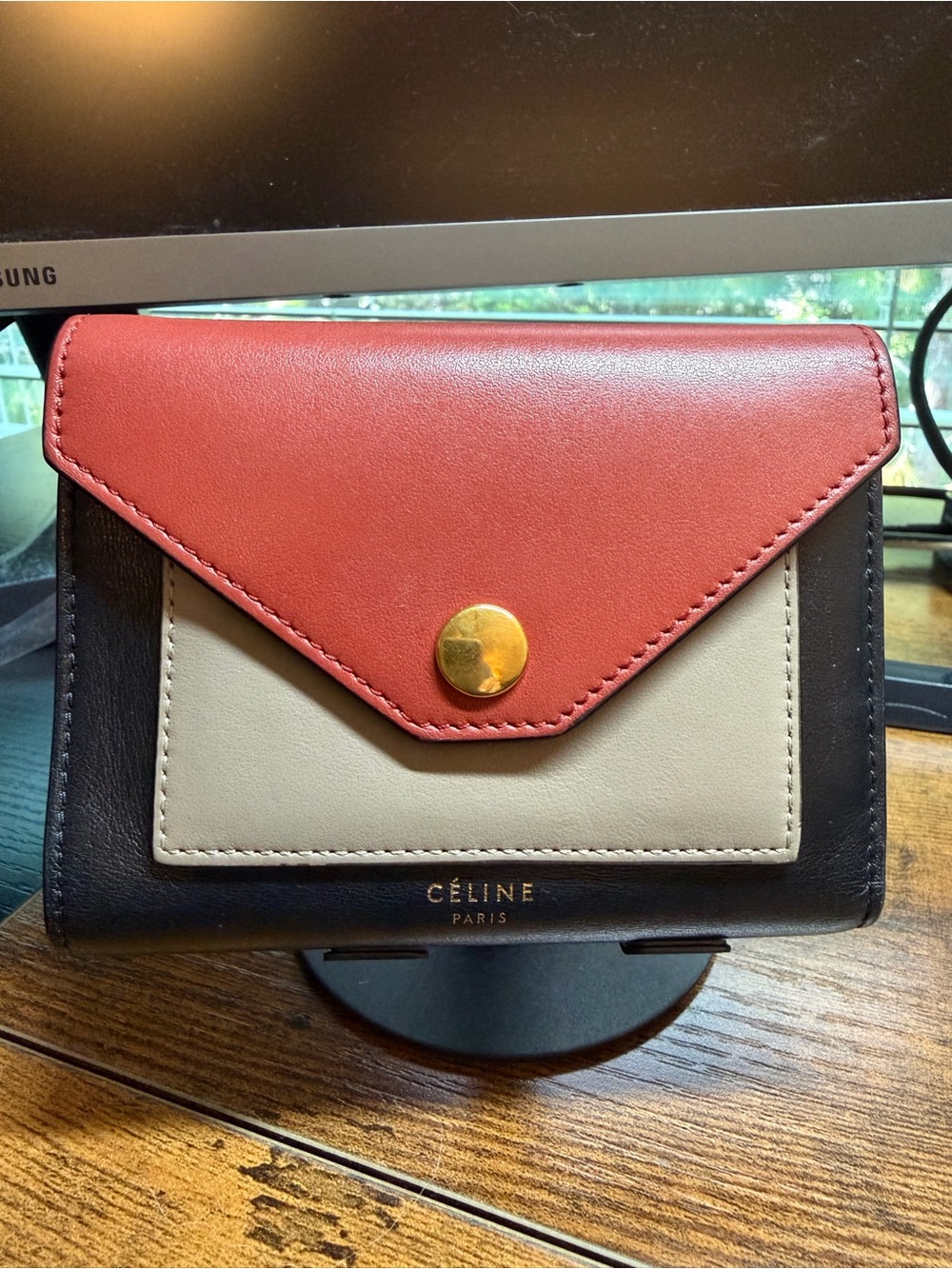 Celine Tri-Color Leather Envelope Wallet - Red, Cream & Black